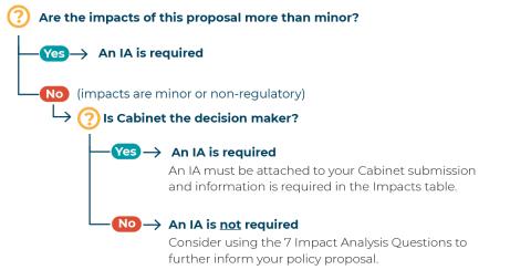 Are the impacts of this proposal more than minor? If yes, an IA is required. If no (impacts are minor or non-regulatory, then is the Cabinet the decision maker? If yes, An IA is required, and must be attached to your Cabinet submission and information is required in the Impacts table. If no, an IA is not required. Consider using the 7 Impact Analysis Questions to further inform your proposal.