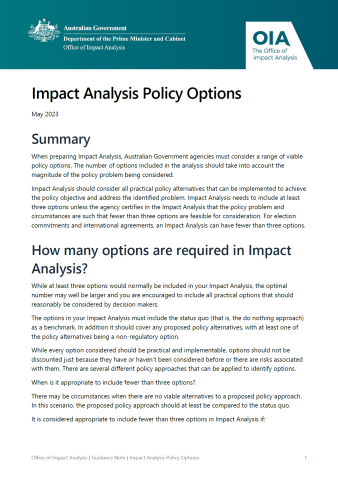 Impact analysis policy options guidance note