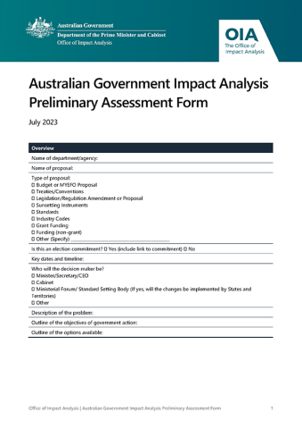 Australian Government Impact Analysis Preliminary Assessment form