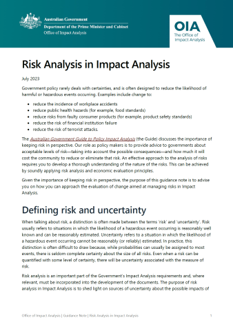 Risk analysis in impact analysis guidance note