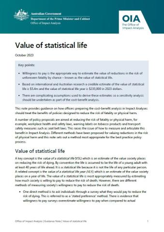 Value of statistical life guidance note