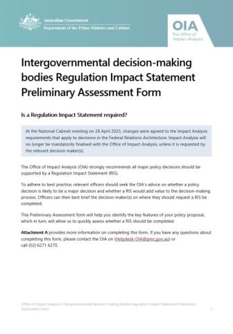 Intergovernmental decision-making bodies Preliminary Assessment Form cover