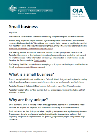 Small business impact analysis guidance note