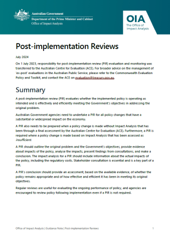 Post-implementation reviews guidance note