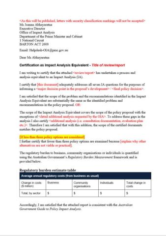 Certification letter - Impact analysis equivalent cover