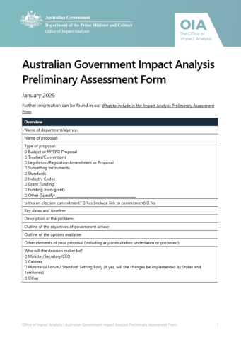 Australian Government Impact Analysis Preliminary Assessment Form cover.