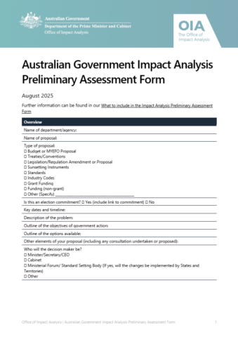 Australian Government Impact Analysis Preliminary Assessment Form cover.