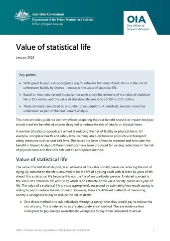 Value of statistical life guidance note cover page