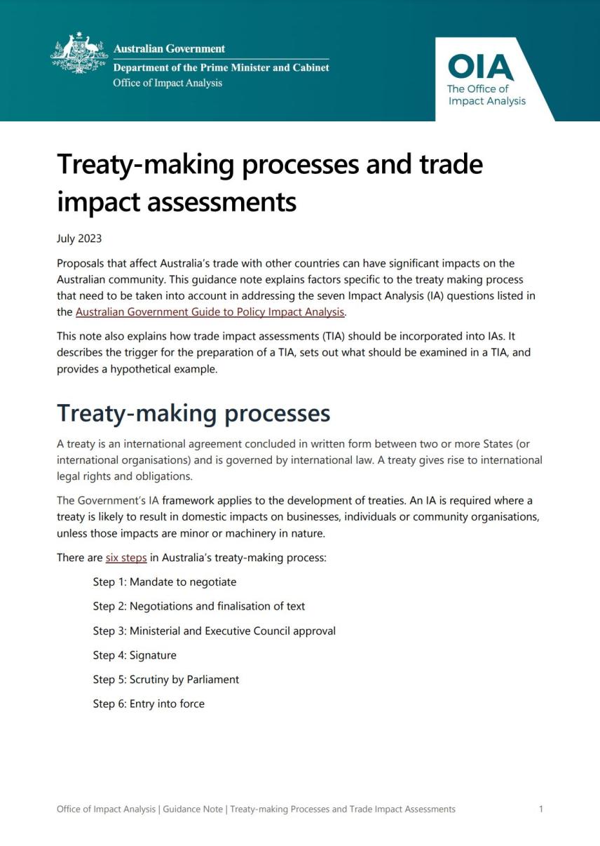 Treaty-making processes and trade impact assessments guidance note cover.